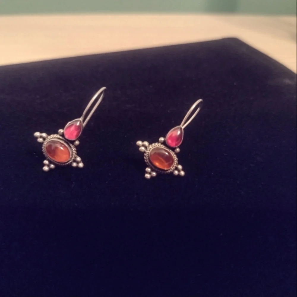 SS 925 Garnet And Amber Earrings - Picture 7 of 8